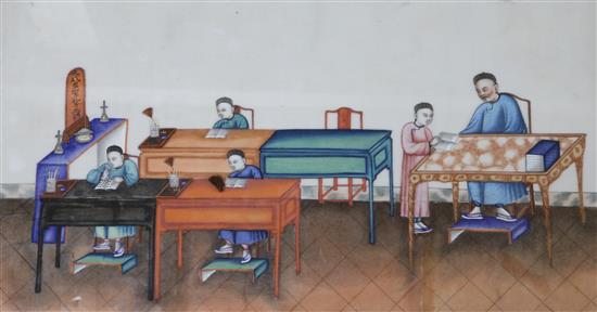A 19th century Chinese gouache on pith paper, study of a school room 19 x 32cm